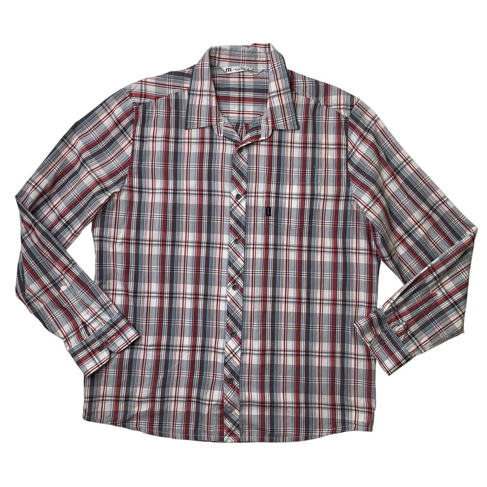 Travis Mathew Shirt Mens XL White Brick Plaid Button Up Long Sleeve Pocket
